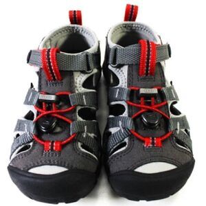 Keen Boys' Girls Strappy Rubber Sole Hook Pile Tape Sandals Gray Red | 3 Y